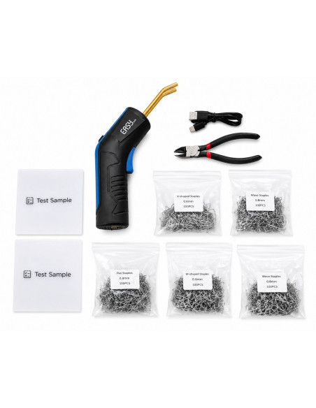 Akumulatorowa zgrzewarka bezprzewodowa do plastiku EasyTools z podłączonym kablem USB-C obok zestawu 500 sztuk zszywek