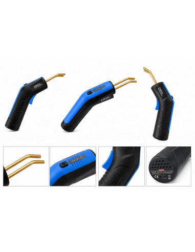 Akumulatorowa zgrzewarka bezprzewodowa do plastiku EasyTools z podłączonym kablem USB-C obok zestawu 500 sztuk zszywek i cążków.