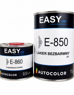 Zestaw lakierniczy EASY: puszka lakieru bezbarwnego E-850 o pojemności 1 litra oraz szybki utwardzacz E-860 0,5 litra.