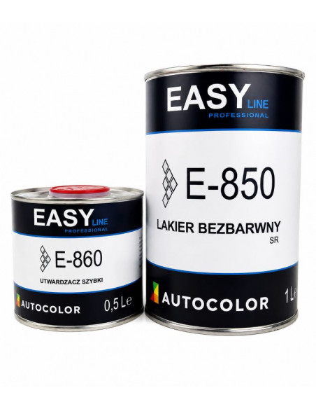 Zestaw lakierniczy EASY: puszka lakieru bezbarwnego E-850 o pojemności 1 litra oraz szybki utwardzacz E-860 0,5 litra.
